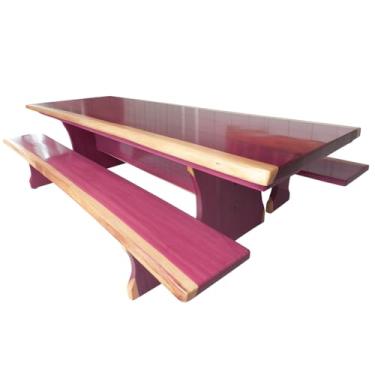 Imagem de Mesa de Jantar Rústica Tampão (3,0Mts x 0,90mts x 5,5cm), com 02 Bancos em Madeira Maciça de Roxinho (3,0mts x 36cm x 4cm), Acabamento em Verniz Natural, Pés formato Taça, 10 a 12 Lugares.