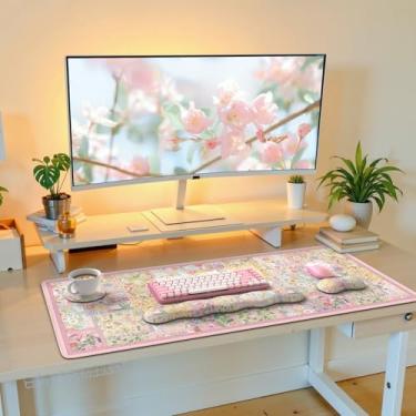 Imagem de iLeadon Conjunto de tapete de mesa floral fofo, mouse pad antiderrapante com suporte de pulso, almofada de pulso para teclado, tapete de mesa com descanso de pulso, conjunto de mouse pad ergonômico