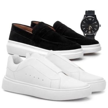 Imagem de 2 Pares Sapato Mocassim e Sapatenis Masculino Social Camurça Couro Cal