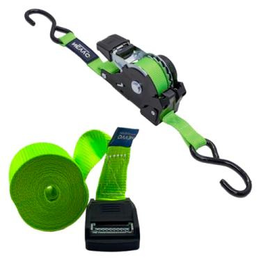 Imagem de Kit Cinta Para Carga Catraca Automática Retrátil 3,6 Metros 680kg + Fita Rack Para Amarração 3M 600kg Base Emborrachada Com Silicone NEVVO
