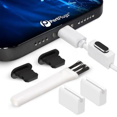 Imagem de PortPlugs Plugues de pó de alumínio - compatíveis com iPhone 14-7, Plus, Max, Pro, iPad, porta Lightning - Inclui suportes e escova | Preto (pacote com 2)