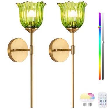 Imagem de Arandela de parede vintage operada por bateria, luzes de parede RGB sem fio recarregáveis com controle regulável, conjunto de 2 luminárias internas de vidro verde para quarto e sala de estar