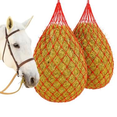 Imagem de MJFSGYO 2 peças de rede de feno de 101,6 cm para cavalos, feita de corda de nylon durável, regula a ingestão de feno, portanto, melhora a digestão, para cavalos, cabras, ovelhas penduradas, saco de