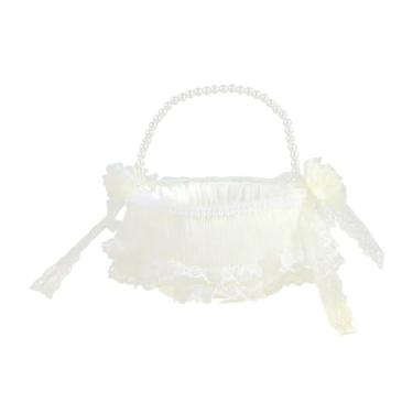 Imagem de shamjina Cesta de flores de casamento com alça de pérola fofa, cesta de renda branca para madrinhas, para cerimônias e celebrações, eventos, 14,7 cm x 21,6 cm