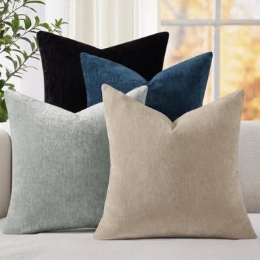 Imagem de decorUhome Conjunto de 4 capas de travesseiro 45,7 x 45,7 cm, capas decorativas de chenille quadradas macias, capas neutras para sofá-cama e sala de estar (bege/preto)
