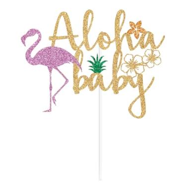 Imagem de Aloha Baby Cake Topper, Hawaiian Flamingo Baby Shower, Tropical Luau Theme New Born Gender Reveal Party Decorations