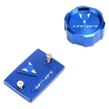 Imagem de Tampa do reservatório de fluido de freio dianteiro traseiro tampa de enchimento de óleo tampa de válvula de pneu compatível com MT07 MT-07 MT 07 FZ07 2015-2020 2021 2022 2023 (azul dianteiro e