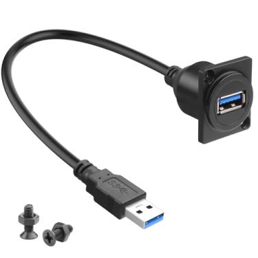 Imagem de QIANRENON Adaptador de montagem em painel USB 3.0 de 5 Gbps, cabo curto USB3.0 macho para fêmea, conector de dados de carregamento, cabo de extensão 5V/2A, painel de painel tipo XLR/D montado, 30 cm