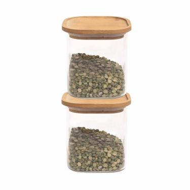 Imagem de 2 Pote Hermético Vidro Bambu 800Ml Mantimentos Alimentos