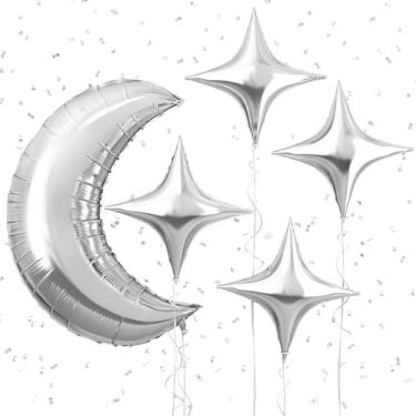 Imagem de Froova Balões de lua e estrela com balão de hélio prata metálico grande em forma de lua de 91 cm cromado prateado em forma de estrela de Mylar para decoração de festa de aniversário de casamento no