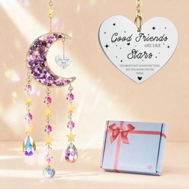Imagem de HDCRYSTALGIFTS Apanhador de sol de lua de cristal para pendurar em janela interna, cristais, apanhador de sol arco-íris com estrelas, para casa, jardim, melhor amigo, presente de aniversário para