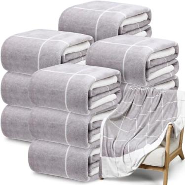 Imagem de Tinideya 12 mantas de flanela de lã xadrez a granel cobertores de lã xadrez leves e quentes para cama, sofá, presentes de casamento para todas as estações 127 x 152 cm (cinza amarelo)