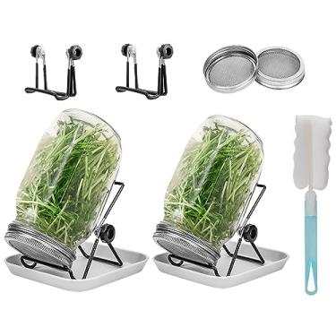 Imagem de Kit de broto, kit de 2 frascos de broto, 2 frascos de vidro de boca larga com tampas de broto de tela de aço inoxidável, calibre 86 mm/3,38 pol, 1000 ml, bandeja, suporte e escova de conserva, conjunto de broto de sementes para cultivo de brócolis, alfafa, feijão mung