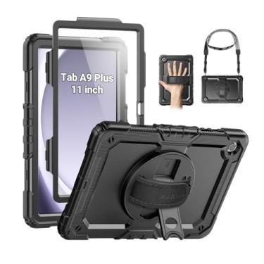 Imagem de SEYMAC Capa para Samsung Galaxy Tab A9+ Plus 11 polegadas 2023 (SM-X210/X216/X218), capa protetora resistente à prova de choque com protetor de tela, suporte giratório, alça de mão/ombro e suporte para caneta, preta