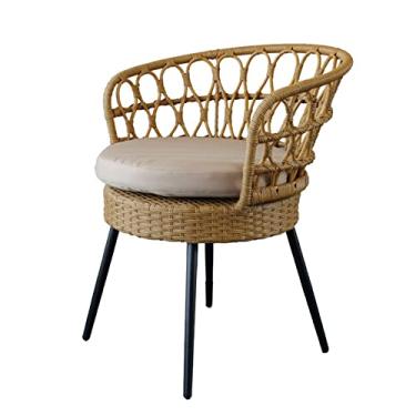 Imagem de Mesa e cadeiras de vime, mesa de centro ao ar livre do jardim, varanda restaurante clube cadeira de lazer com almofada, fácil de limpar e mover. (Cor: Natural cor, tamanho: 61 x 63 x 77 cm)