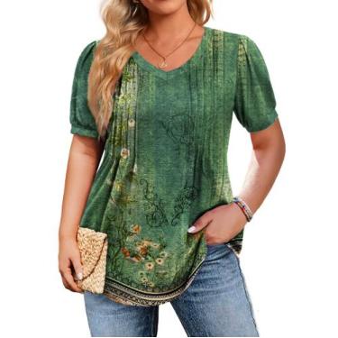Imagem de Blusa IN'VOLAND Plus Size de manga curta com decote em V verde floral