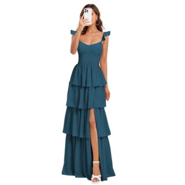 Imagem de Vestido de dama de honra Dessiny Teal Chiffon em camadas com babados e