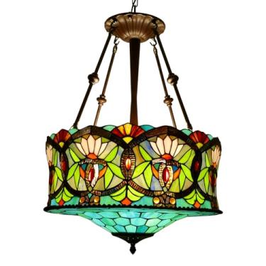 Imagem de VirtueKing Luminária Pendente De Teto Estilo Tiffany, 18 Polegadas De Largura, Luminária De Teto De Vidro Colorido, Lustre De Vidro Colorido, Estilo Vitoriano, Lustre Tiffany De 5 Luzes