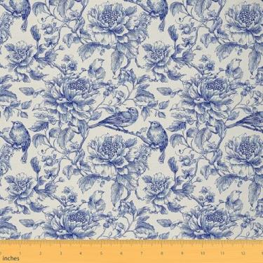 Imagem de Erosebridal Birds Fabric by The Yard Blue Peony Tecido impermeável para ambientes externos, lindo pardal, pétalas, tecido para estofamento de casa de fazenda, tecidos decorativos desenhados à mão, 3