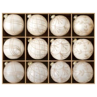 Imagem de DN DECONATION Conjunto de enfeites de bola de Natal de 30 a 8 cm, enfeites de bola de vidro branco com linhas douradas, decorações de Natal de vidro elegantes para decoração de árvore de Natal, festa