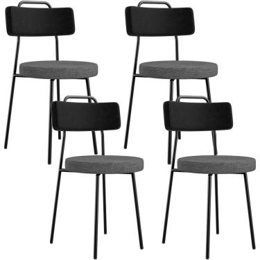 Imagem de Kit 04 Cadeiras Estofada Sala De Jantar Barcelona L02 Couríssimo Preto Linho Cinza Escuro - Lyam