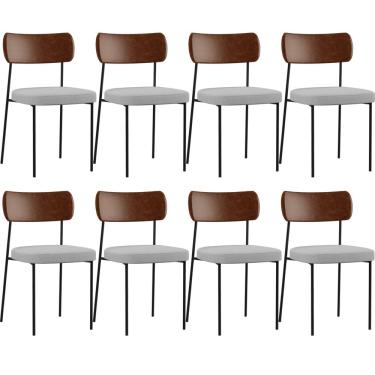 Imagem de Kit 08 Cadeiras Para Sala De Jantar Melina L02 Couríssimo Marrom Linho Cinza - Lyam Decor