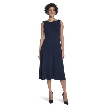 Imagem de Calvin Klein Vestido midi feminino sem mangas com gola redonda e costura crepe, Índigo, 36