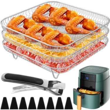 Imagem de Rack de fritadeira de ar quadrado para forno, 3 camadas, empilhável, desidratador, cesta de fritadeira de aço inoxidável, com 1 clipe antiqueimadura, 8 pés de silicone, acessórios para fritadeira a ar
