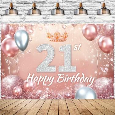 Imagem de Faixa rosa rosa feliz aniversário 21 anos pano de fundo diamante glitter tema decoração de fundo para meninas princesa festa de aniversário decorações suprimentos 183 x 109 cm BECKTEN