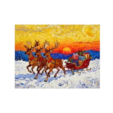 Imagem de Pinturas em tela Natal-Quadros Decoração de Parede-Veado puxando trenó-Inverno Paisagens Impressões para Sala de Estar 60x80cm Sem Moldura