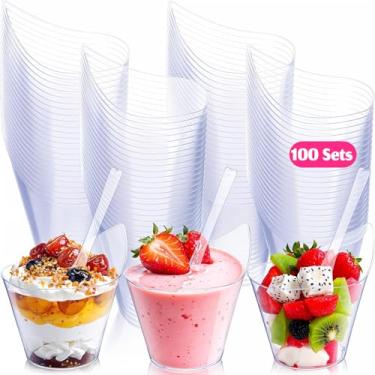 Imagem de 100 conjuntos de copos de sobremesa de plástico transparente com colheres de degustação, copos de aperitivo, tigelas de parfait de iogurte com colheres transparentes para suprimentos de festa, buffet