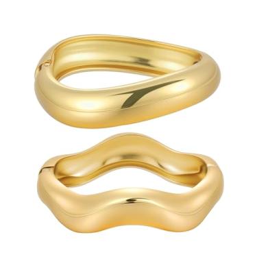 Imagem de Emibele Pulseiras femininas douradas, 2 peças com dobradiças abertas irregulares, punho de braço largo moderno para mulheres, joias grossas minimalistas, presentes para aniversário, dia dos namorados