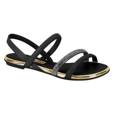 Imagem de Sandália Beira Rio Rasteira Strass Detalhes Dourados Feminina, Preto, 