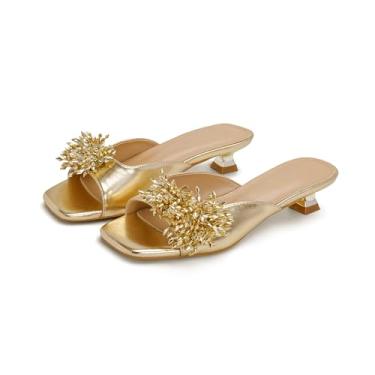 Imagem de RUSAUISE Sandálias femininas de salto baixo com bico quadrado aberto e salto baixo com flores deslizantes elegantes para festas, Dourado, 36