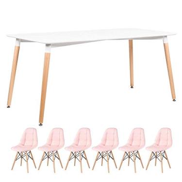 Imagem de Loft7, KIT - Mesa retangular Eames 80 x 160 cm branco + 6 cadeiras Botonê Rosa claro