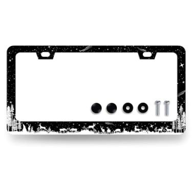 Imagem de Moldura de placa de carro de cervo céu estrelado floresta suporte universal de aço inoxidável peças automotivas com 2 furos e parafusos 31 cm x 15,7 cm para decoração de carros masculinos e femininos