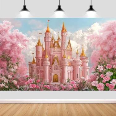 Imagem de Cenário de castelo de princesa, fantasia, conto de fadas, céu azul, nuvens brancas, rosa, floral, país das maravilhas para meninas, princesa, aniversário, festa de casamento, estúdio fotográfico