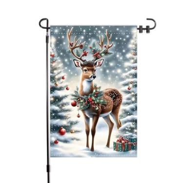 Imagem de Bandeira de jardim de Natal de inverno padrões de rena e azevinho bandeira de jardim 30,5 x 45,7 cm vertical dupla face sazonal sinal festivo para decoração de casa ao ar livre pátio