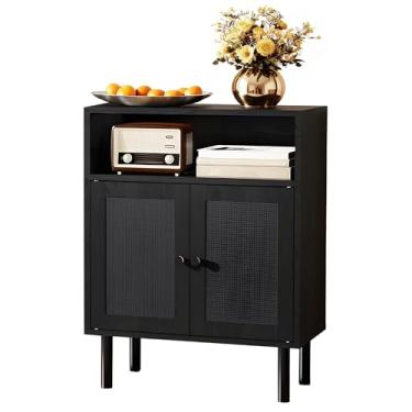 Imagem de DongRong Armário de armazenamento de vime, armário com detalhes boho com portas duplas, pequeno aparador independente para corredor, lavanderia, cozinha, sala de jantar, entrada (preto)