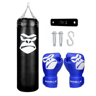 Imagem de Kit Boxe Infantil Saco Pancada 90 Cm + Luva De Muay Thai 08 Oz Menino Menina + Suporte Teto Gorilla (Azul)