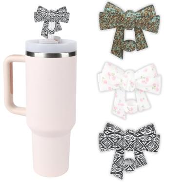 Imagem de Pacote com 3 topos de palha de laço impressos, tampas de cobertura de palha reutilizáveis à prova de poeira de silicone 10 mm/0,4 pol para copo Stanley 30 e 1,134 g, acessórios para copos presente (3