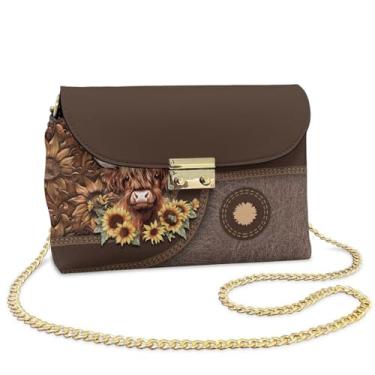 Imagem de Pxjivorg Bolsas transversais femininas de couro com corrente pequena para bolsas de ombro, Girassol de vaca Highland, One Size, Moderno