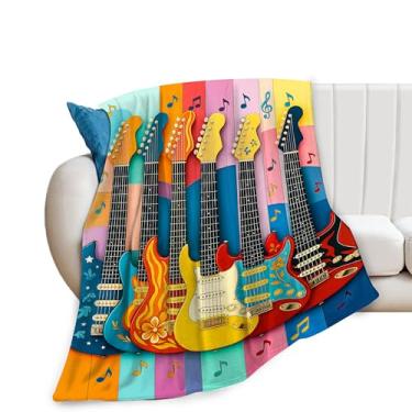 Imagem de Cobertor de guitarra colorido, cobertor musical, instrumentos musicais, macio, aconchegante, felpudo, flanela, presentes para meninas, mulheres, meninos, crianças, adultos 101 x 127 cm