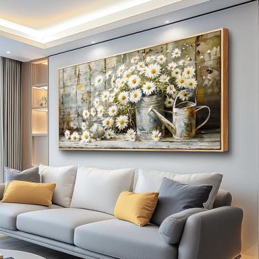 Imagem de PHAOHUAXM Arte de parede em tela grande para sala de estar decoração de parede impressão retrô flor branca sala de jantar quarto banheiro cozinha pintura de parede decoração de casa moldura de madeira