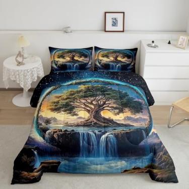 Imagem de Manfei Jogo de cama solteiro, árvore da vida, temática boho, paisagem natural, galáxia misteriosa, estrelado, edredom acolchoado para crianças, adolescentes, meninas, estilo casa de fazenda, 1 fronha