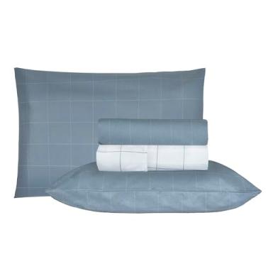 Imagem de Jogo de Cama Duplo Casal 4 Peças Percal 180 Fios Grid Azul Sonhare Prata