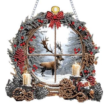 Imagem de NEGEKFKX Kits de pingente de arte de diamante de veado, kits de arte de diamante de formato especial de Natal para adultos, kit de enfeites de acrílico para pendurar dupla face, pingentes, jardim