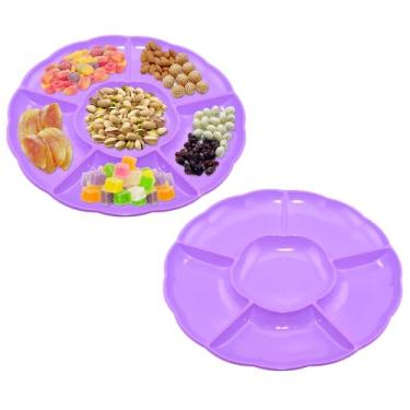 Imagem de CAOXIAOXUYAO Bandejas redondas de plástico de 30,5 cm com 2 unidades, 6 pratos secionais para servir pratos de comida para doces, nozes, vegetais, frutas, ação de graças (2, roxo)