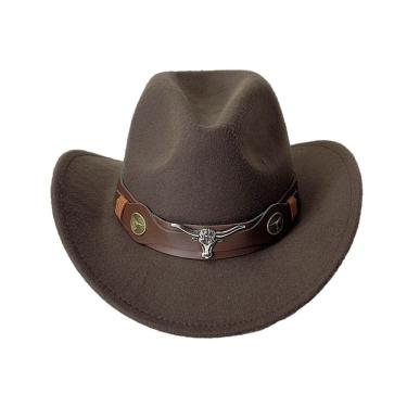 Imagem de Chapéu de caubói, feltro marrom com cabeça de touro, cinto de couro, unissex