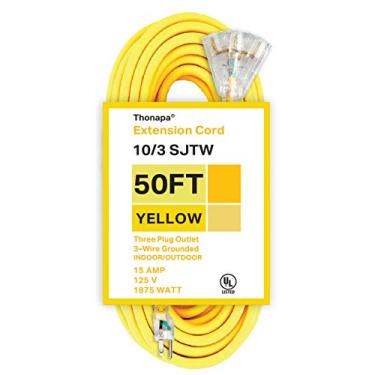Imagem de Cabo de extensão iluminado para ambientes externos com 3 tomadas elétricas - 10/3 SJTW amarelo cabo de calibre 10 com plugue aterrado de 3 garras para segurança